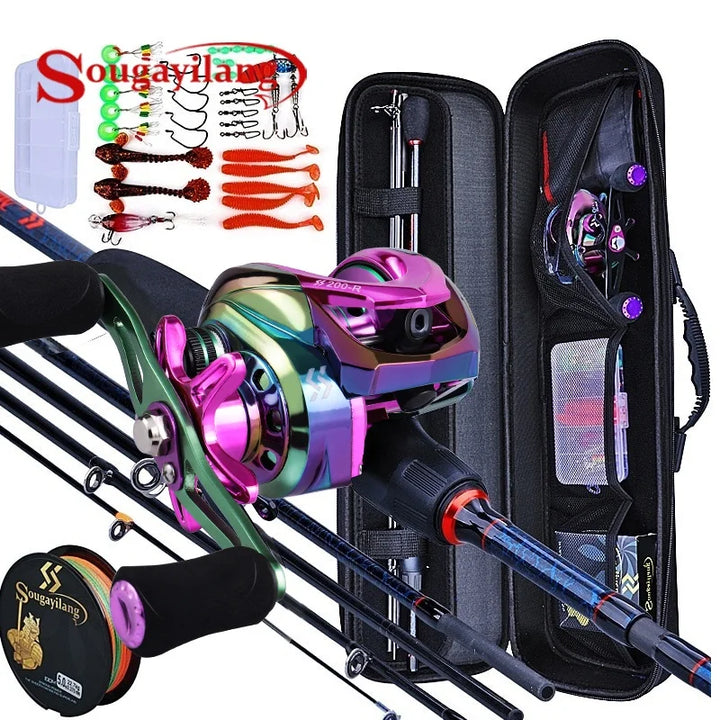 Sougayilang Fishing Rods and Reels 5 Section Carbon Rod Baitcasting Reel Travel Fishing