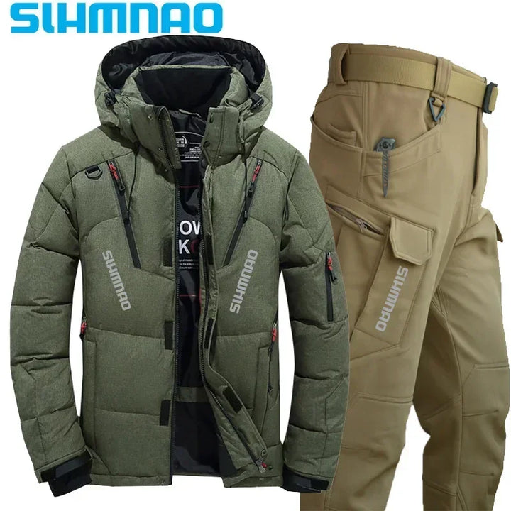 Men's Goose Down Jacket and Tactical Pants, Winter Fishing Suit, Warm, Snow Skiing