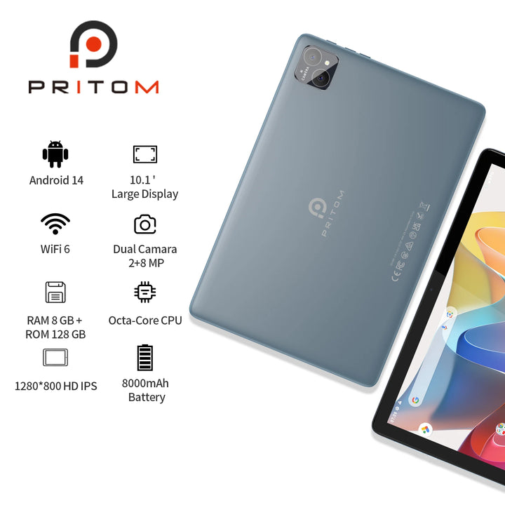 PRITOM TAB11 Android 14 Tablet 10 Inch, 8GB(4+4 Expand) RAM + 128GB ROM