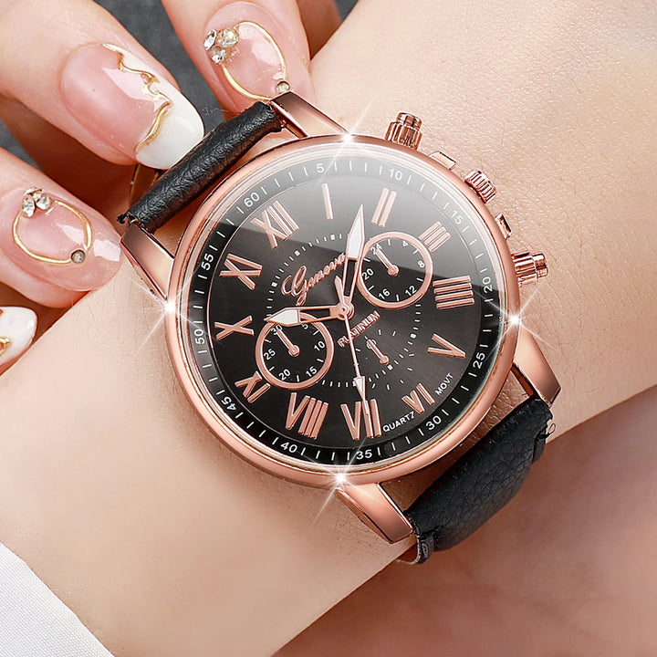 5PCS Women's Watches Fashion Roma Dial Leather Band Quartz Watch Ladies Silicone