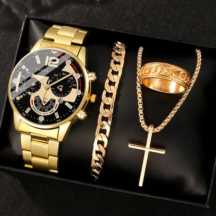 4pcs gold alloy Roman with calendar men's quartz watch and cross necklace bracelet