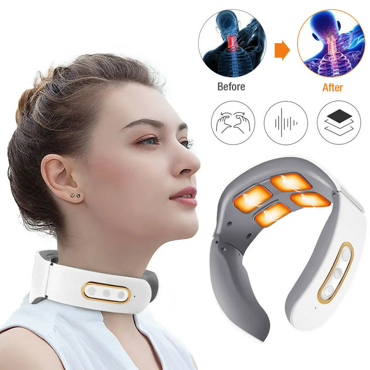 Electric Neck Shoulder Pulse Massager Kneading 4 Head TENS Magnetic Pulse Heating