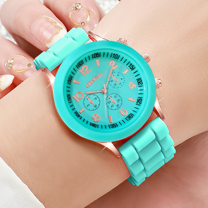 5PCS Women's Watches Fashion Roma Dial Leather Band Quartz Watch Ladies Silicone