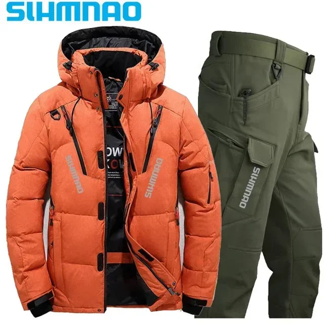 Men's Goose Down Jacket and Tactical Pants, Winter Fishing Suit, Warm, Snow Skiing