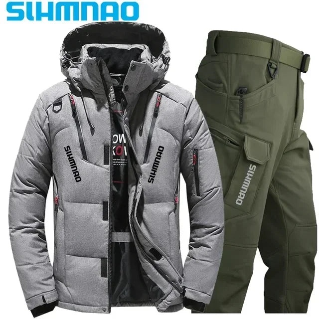 Men's Goose Down Jacket and Tactical Pants, Winter Fishing Suit, Warm, Snow Skiing