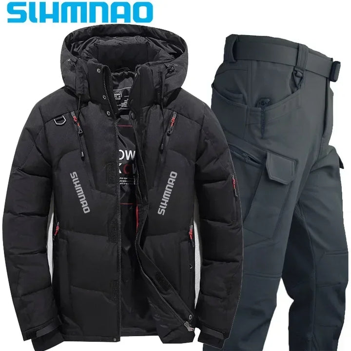 Men's Goose Down Jacket and Tactical Pants, Winter Fishing Suit, Warm, Snow Skiing