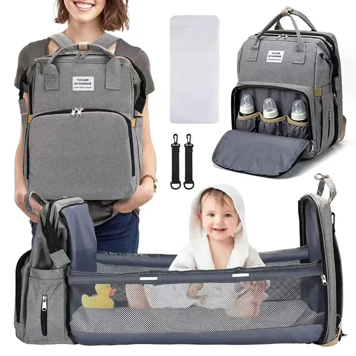 Foldable bed diaper bag with changing station insulated pocket and large capacity