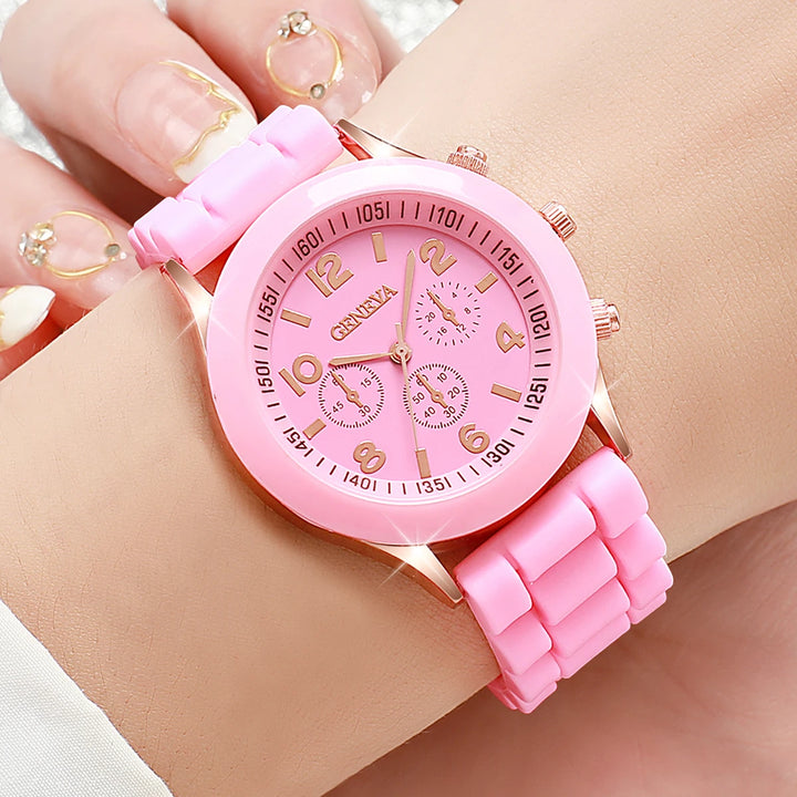 5PCS Women's Watches Fashion Roma Dial Leather Band Quartz Watch Ladies Silicone