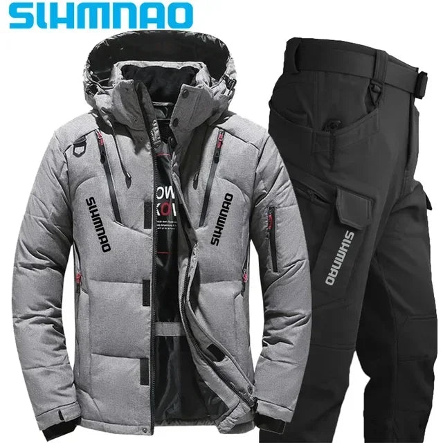 Men's Goose Down Jacket and Tactical Pants, Winter Fishing Suit, Warm, Snow Skiing