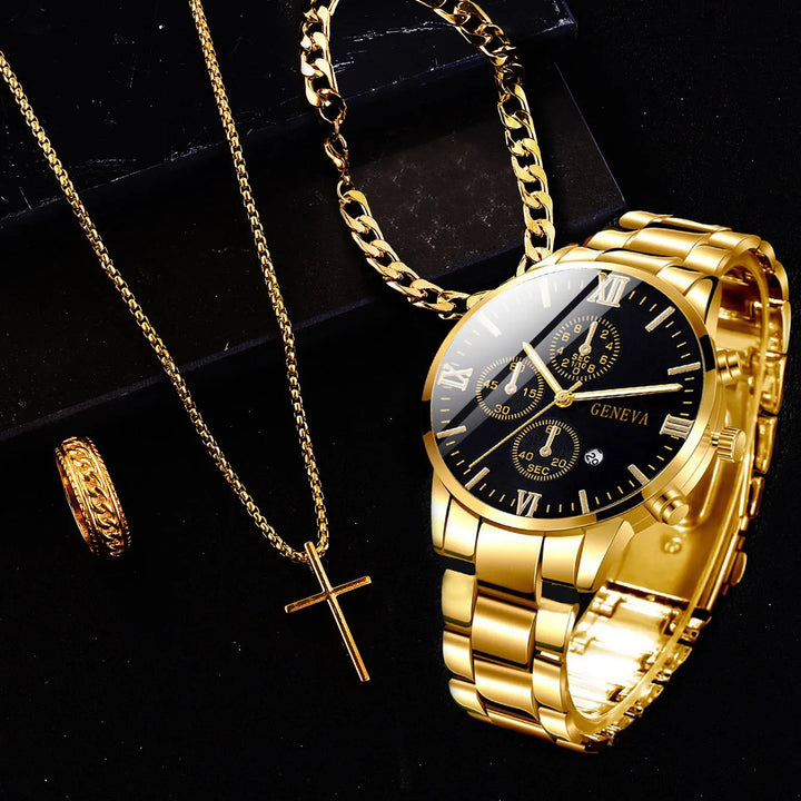 4pcs gold alloy Roman with calendar men's quartz watch and cross necklace bracelet