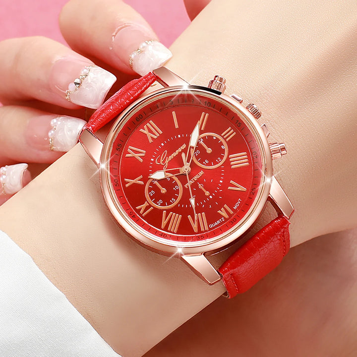 5PCS Women's Watches Fashion Roma Dial Leather Band Quartz Watch Ladies Silicone