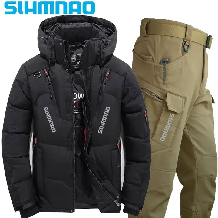 Men's Goose Down Jacket and Tactical Pants, Winter Fishing Suit, Warm, Snow Skiing