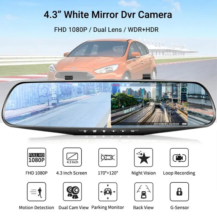 4.3 Inch Driving Recorder Car DVR Rearview Mirror Dual Lens Car Recorder 1080P IPS Front and Rear