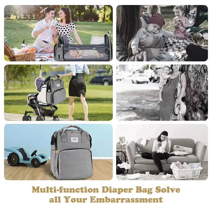 Foldable bed diaper bag with changing station insulated pocket and large capacity