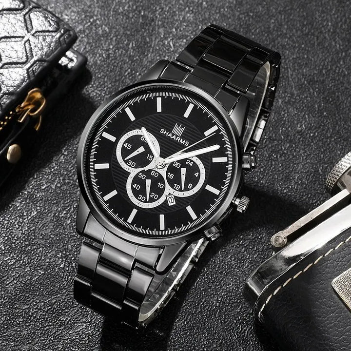 3 PCS Men Black Watch Stainless Calendar