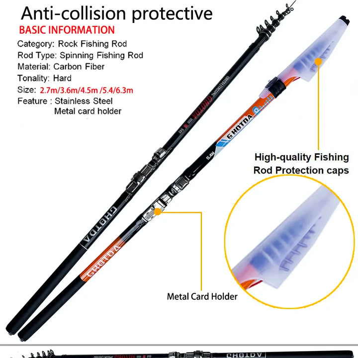 2.7M 3.6M 4.5M 5.4M 6.3M Carbon Telescopic Rock Fishing Rod Tough M Power Telescopic