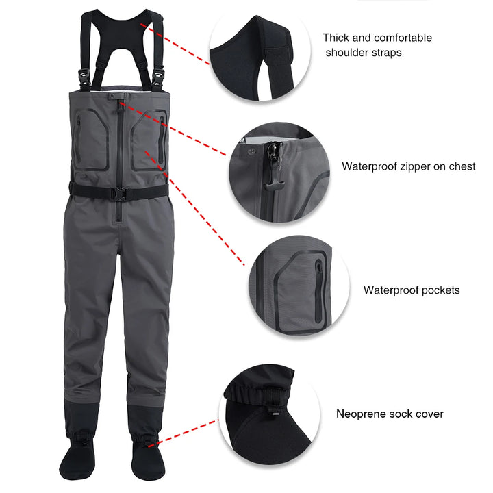 High Quality Men's Fishing  Waders Waterproof Breathable One-piece Pants With Neoprene Socks