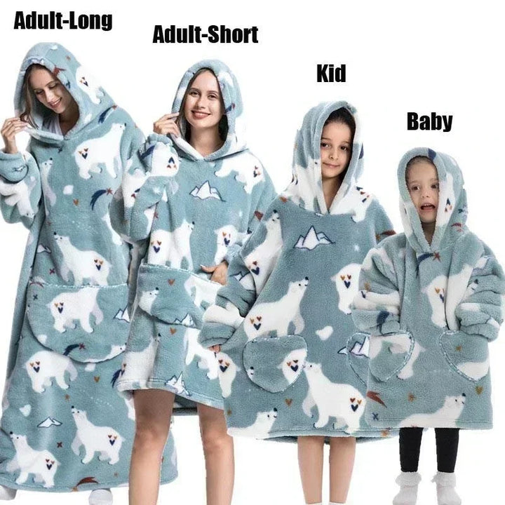 Super Long Oversized Winter Sherpa Blanket Plush Flannel Warm Family Matching Hoodie Christmas