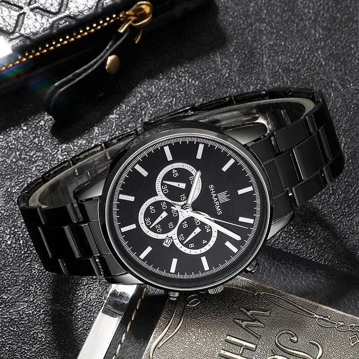 3 PCS Men Black Watch Stainless Calendar