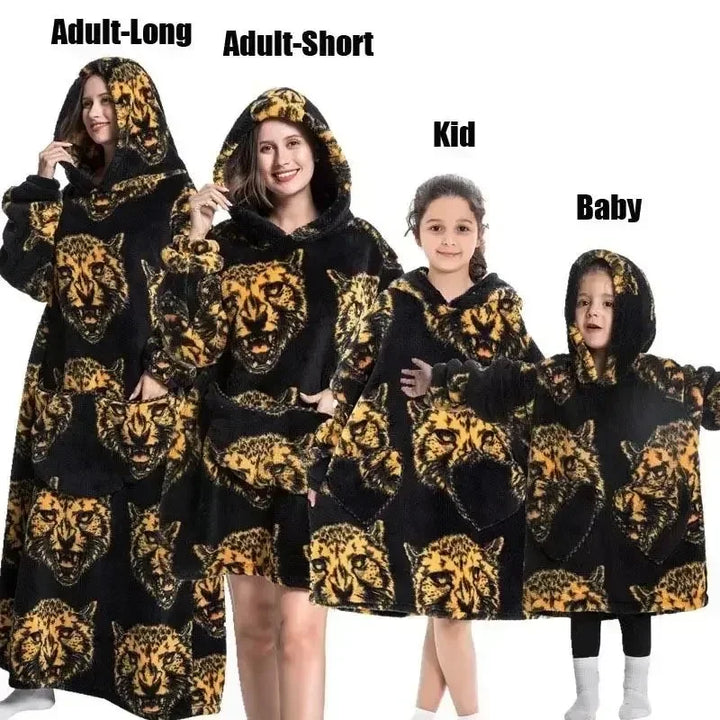 Super Long Oversized Winter Sherpa Blanket Plush Flannel Warm Family Matching Hoodie Christmas