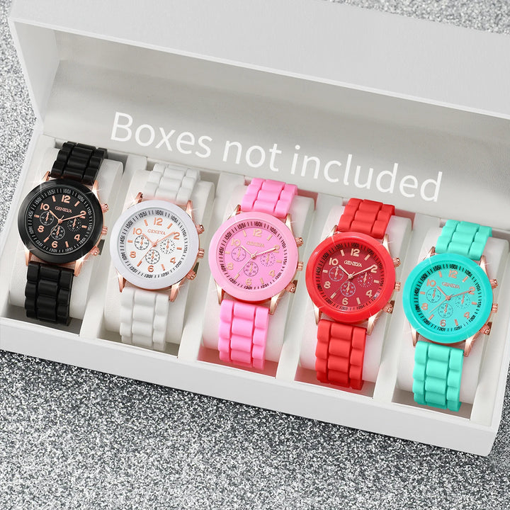 5PCS Women's Watches Fashion Roma Dial Leather Band Quartz Watch Ladies Silicone