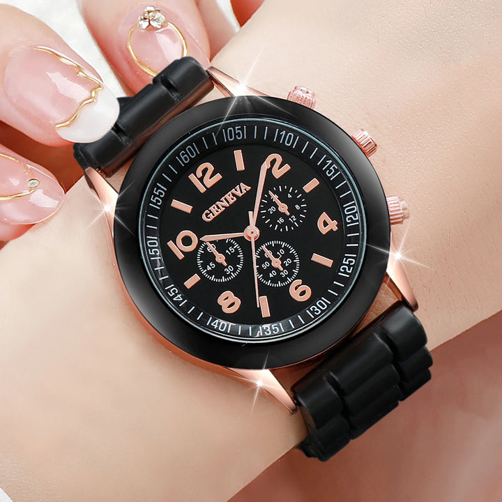 5PCS Women's Watches Fashion Roma Dial Leather Band Quartz Watch Ladies Silicone