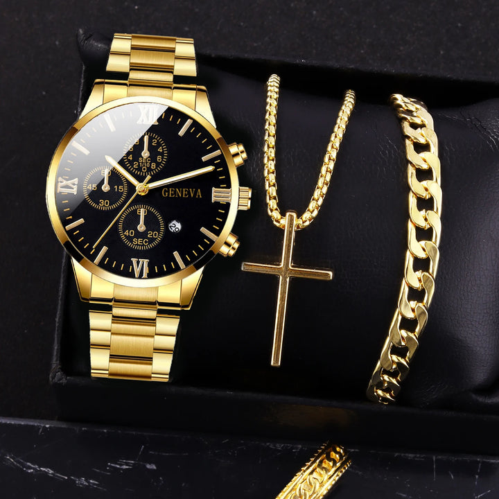 4pcs gold alloy Roman with calendar men's quartz watch and cross necklace bracelet