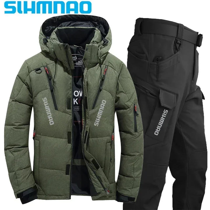 Men's Goose Down Jacket and Tactical Pants, Winter Fishing Suit, Warm, Snow Skiing