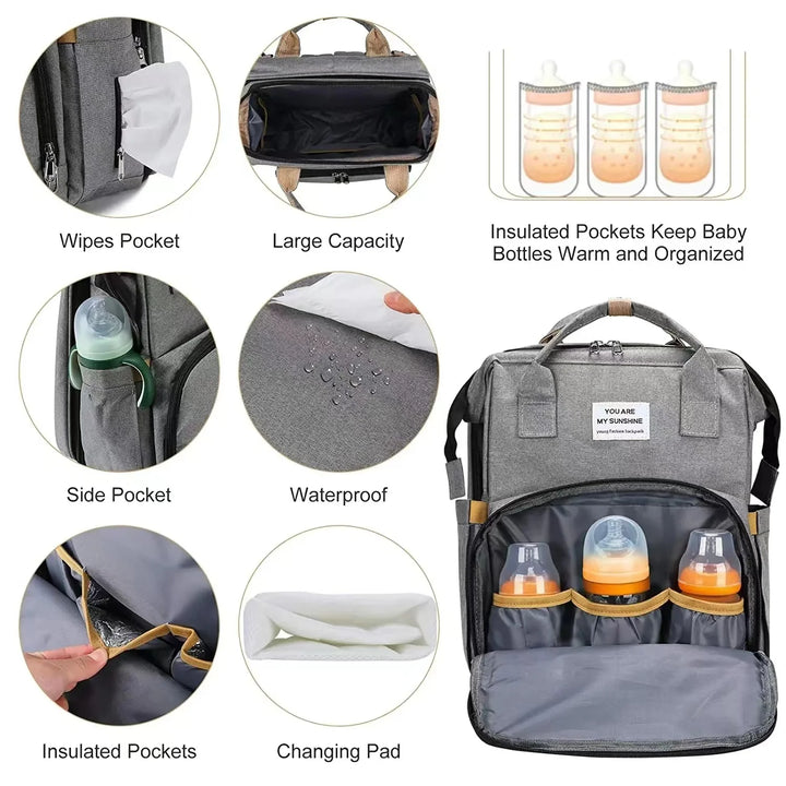 Foldable bed diaper bag with changing station insulated pocket and large capacity