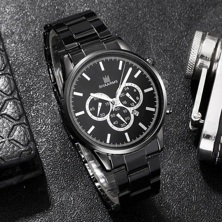 3 PCS Men Black Watch Stainless Calendar