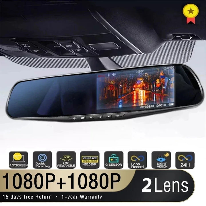 4.3 Inch Driving Recorder Car DVR Rearview Mirror Dual Lens Car Recorder 1080P IPS Front and Rear