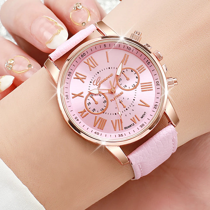 5PCS Women's Watches Fashion Roma Dial Leather Band Quartz Watch Ladies Silicone