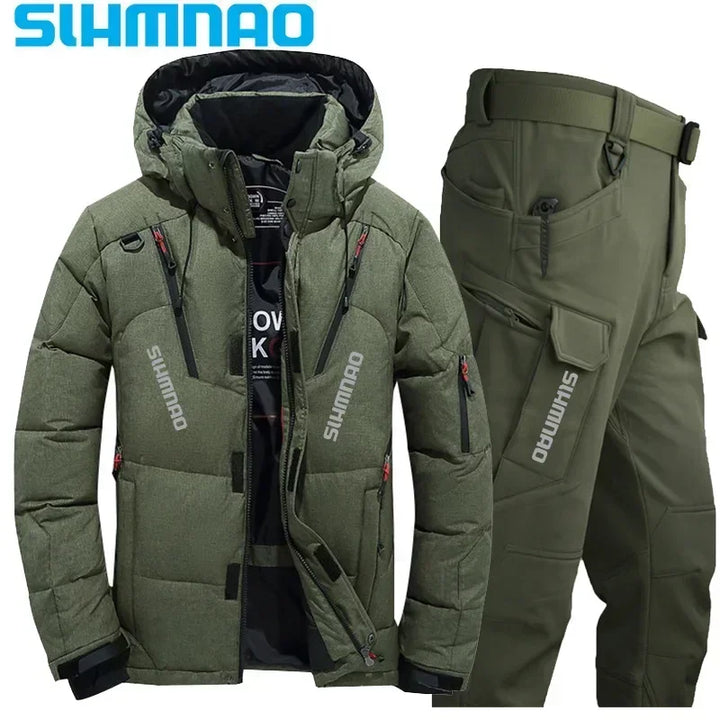 Men's Goose Down Jacket and Tactical Pants, Winter Fishing Suit, Warm, Snow Skiing