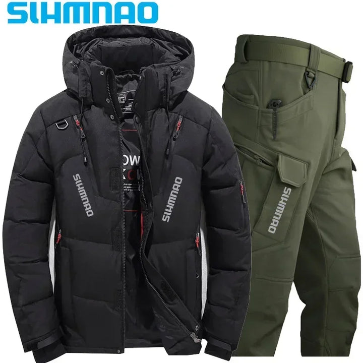 Men's Goose Down Jacket and Tactical Pants, Winter Fishing Suit, Warm, Snow Skiing