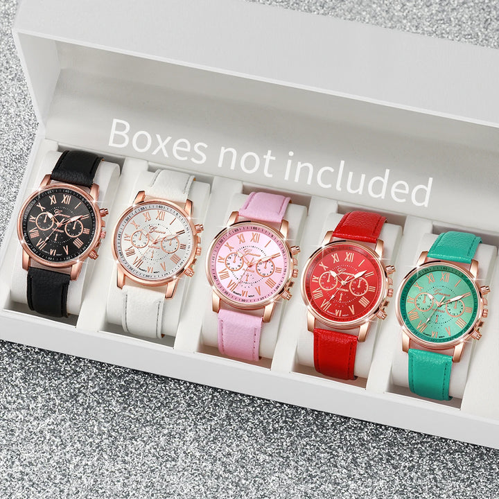 5PCS Women's Watches Fashion Roma Dial Leather Band Quartz Watch Ladies Silicone