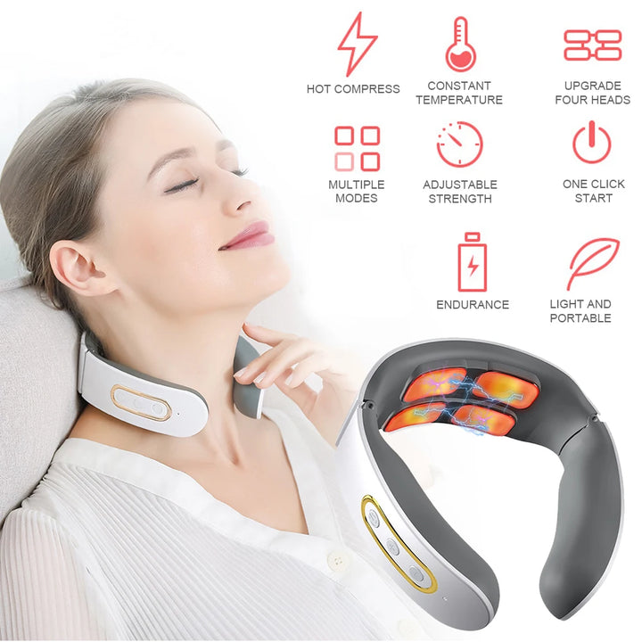 Electric Neck Shoulder Pulse Massager Kneading 4 Head TENS Magnetic Pulse Heating